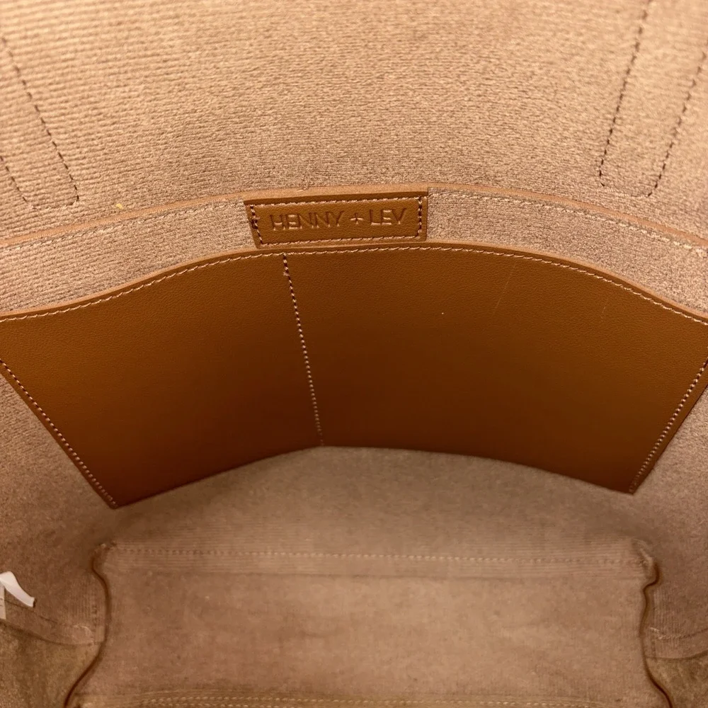 Henny + Lev Danielle tote bag in a cognac brown vegan‎ leather finish Long Strap